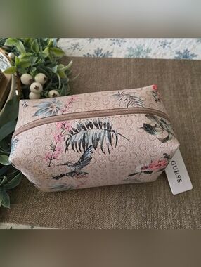 GUESS Pink Floral Bird Zip Cosmetic Case